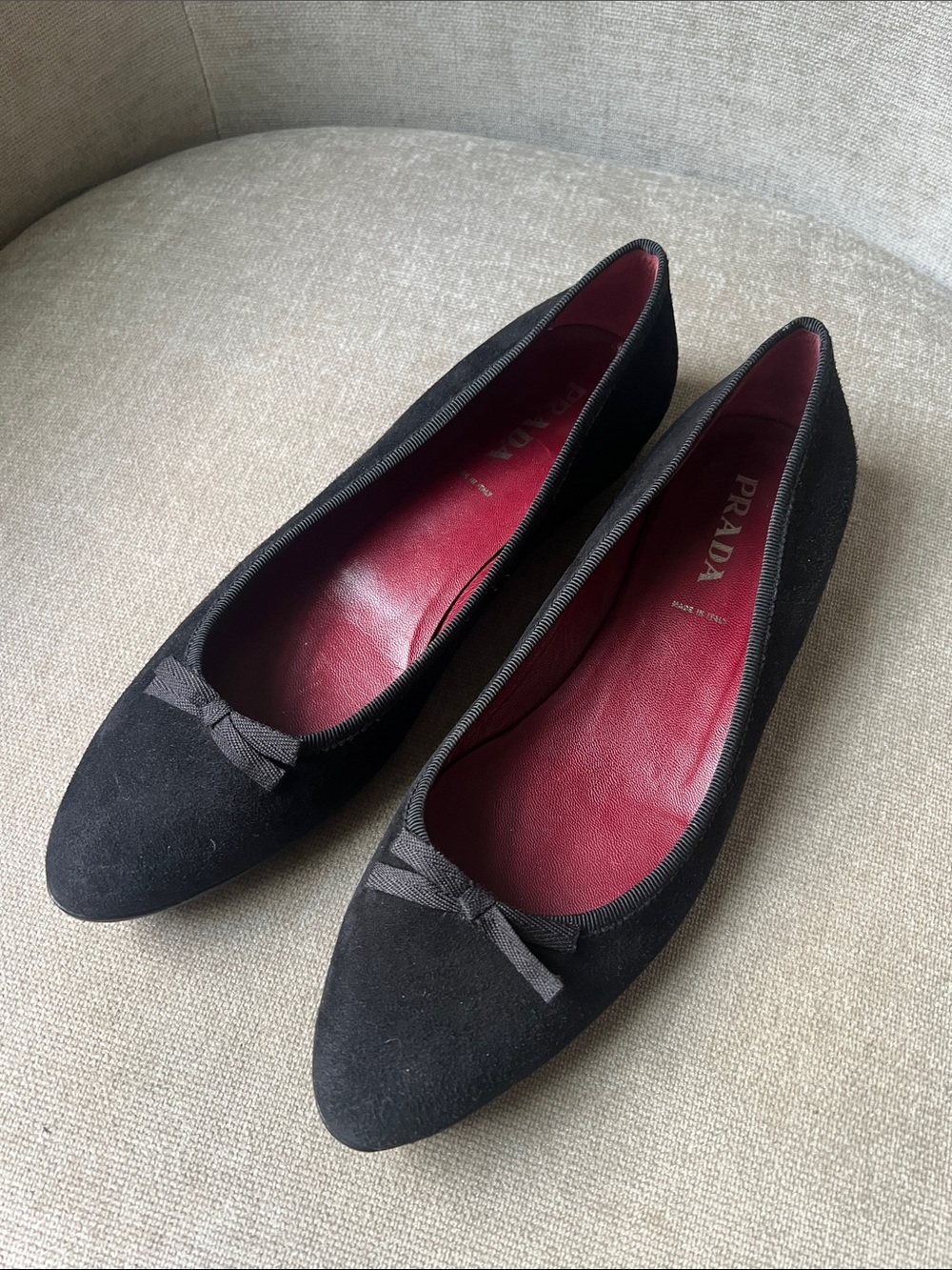 Prada Black Suede Ballet Flats with Red Leather Insole Sz 39